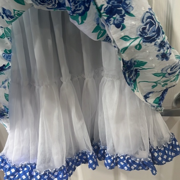 NANNETTE GIRL BLUE/WHITE FLORAL POLY/COTTON PETTICOAT FLUTTER SLEEVE DRESS - Picture 4 of 9